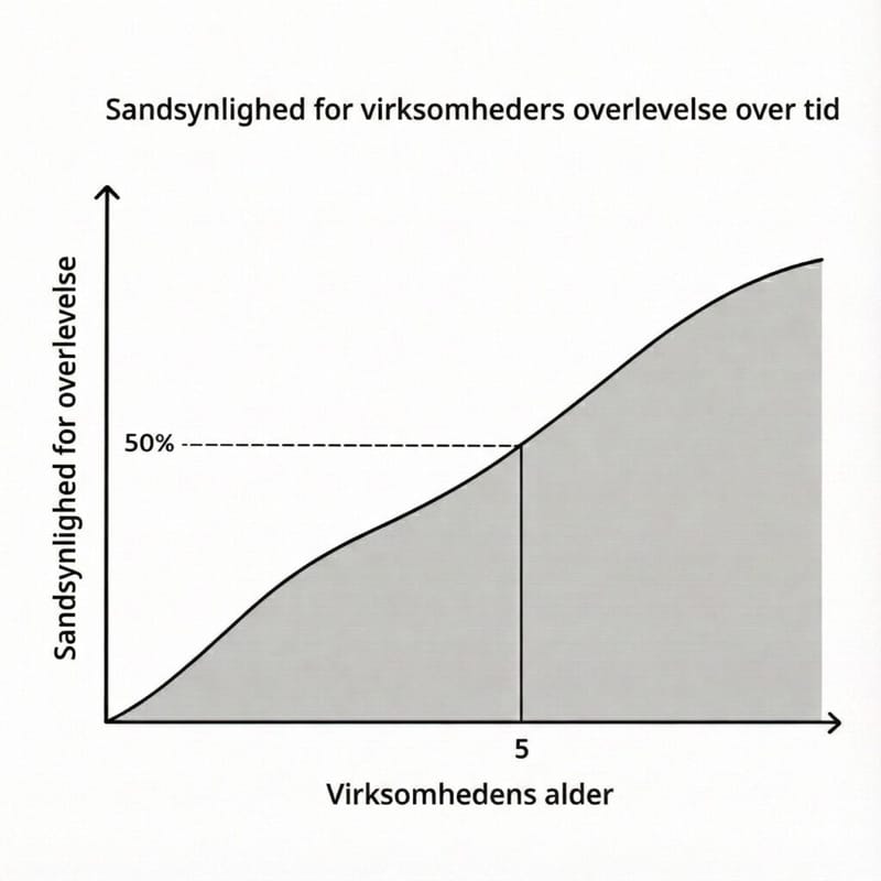 Danish line chart showing probability of business survival increasing with company age, with a 50 percent marker at year five