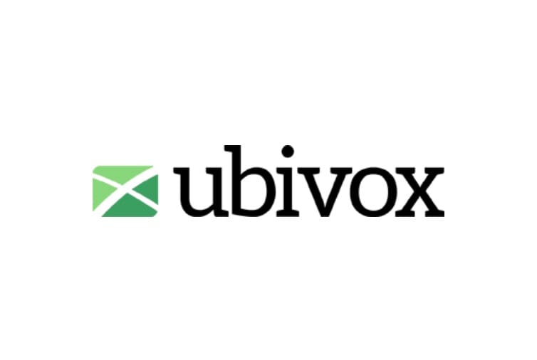 Ubivox logo: green envelope icon with a white X mark beside the black wordmark