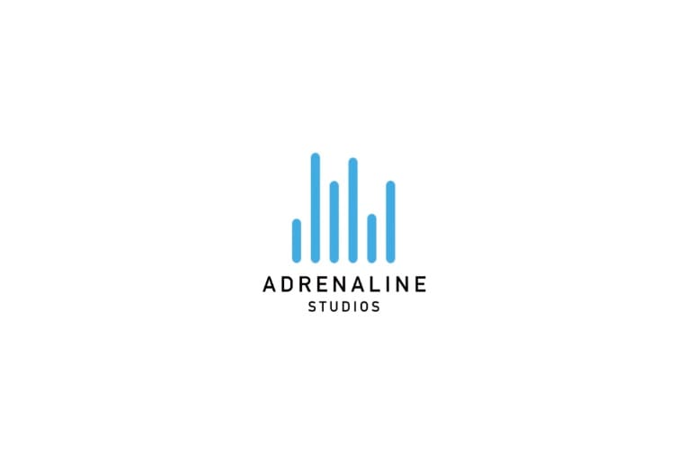 Adrenaline Studios logo: blue vertical bar waveform graphic above the company name in black capital letters